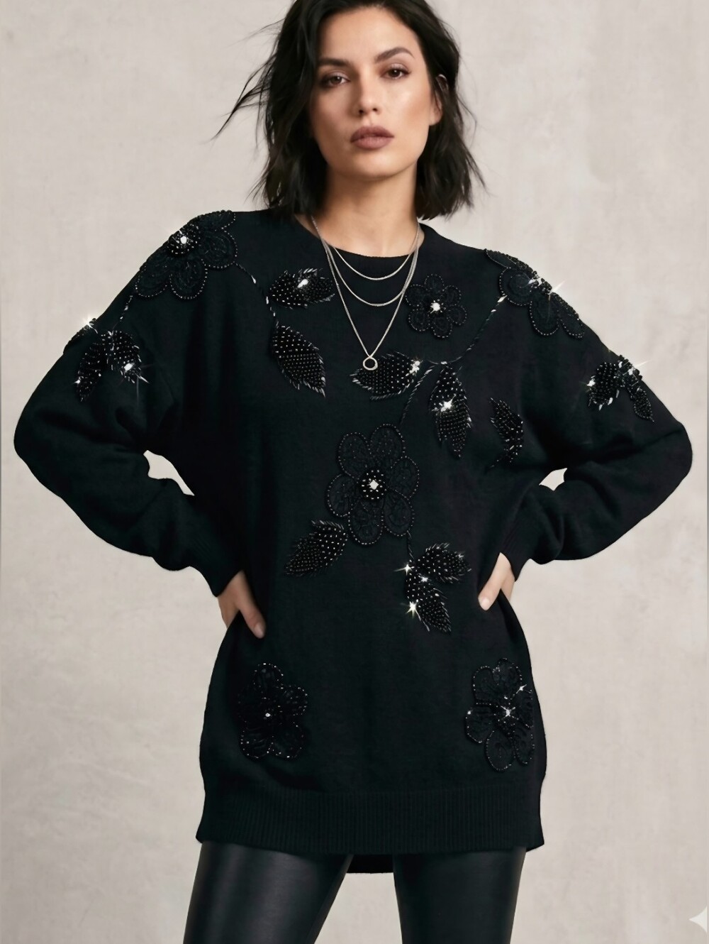 Elegant Black Vintage Lambswool Angora Beaded Raglan Sleeve Sweater / Sz M